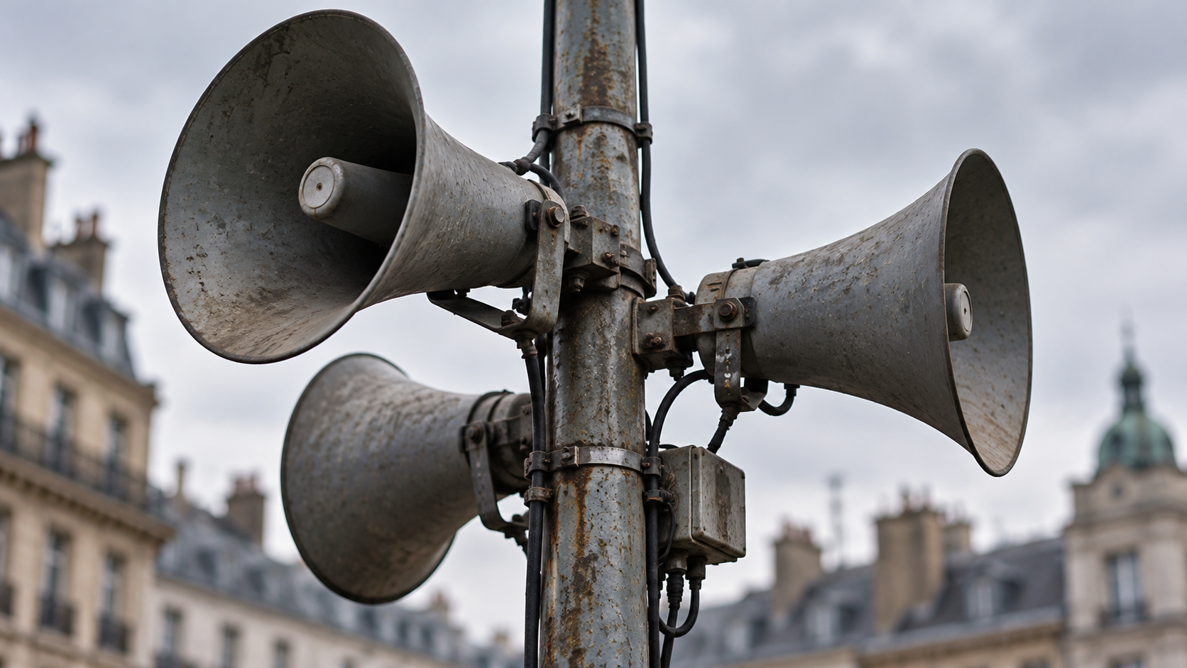 Three public-address loudspeakers mounted on a pole against a softly blurred city background